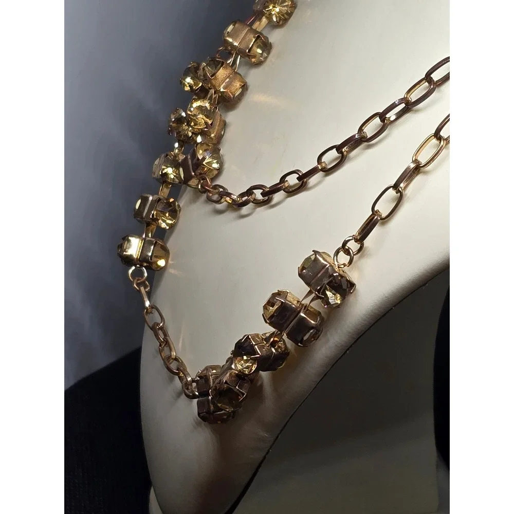 Vintage Estate Amber Crystal Double Strand Necklace Gold Tone Tarnished Patina